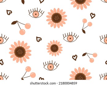 Seamless pattern with sunflower, cherries, hearts and hand drawn eye art on white background vector illustration.