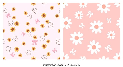Nahtloses Muster aus Sonnenblumen, Gänseblümchen und Schleifen auf rosafarbenem Hintergrund, Vektor. Netter kindischer Aufdruck.
