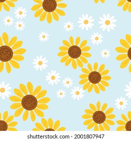 Seamless pattern with sunflower and daisy flower on blue background vector illustration. Cute floral print.