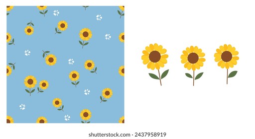 Patrón sin fisuras con girasol y flor de margarita sobre fondo azul. Girasol con las hojas verdes icono signo aislado en el vector de fondo blanco.