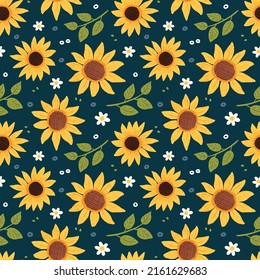 Seamless Pattern with Sunflower Design on Dark Blue Background