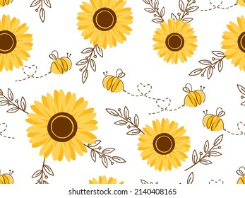 Seamless pattern with sunflower field, branches and bee cartoons on white background vector illustration. 