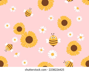 Nahtloses Muster mit Sonnenblumenfeld, blühenden und blühenden Cartoons auf rosafarbenem Hintergrund, Vektorgrafik. Frische Blumenmuster.