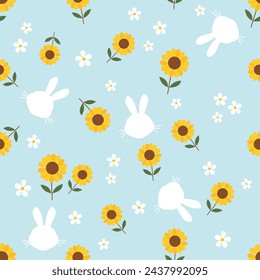 Patrón sin fisuras con campo de girasol, flor de margarita y cara de conejo en vector de fondo de menta verde.