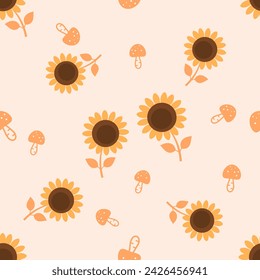 
seamless pattern with sunflower field and mushroom on orange background vector illustration.