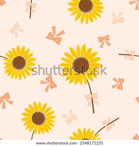 Seamless pattern with sunflower field and ribbon bow on orange background vector.