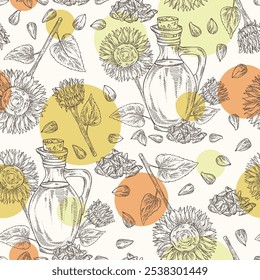 Seamless pattern with sunflower: sunflower flower and sunflower seeds and bottle of sunflower oil. Vector hand drawn illustration