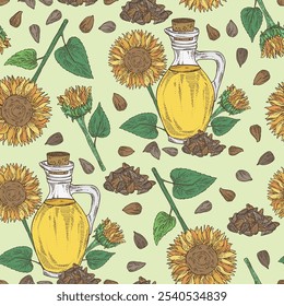 Seamless pattern with sunflower: sunflower flower and sunflower seeds and bottle of sunflower oil. Vector hand drawn illustration