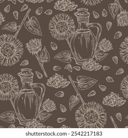 Seamless pattern with sunflower: sunflower flower and sunflower seeds and bottle of sunflower oil. Vector hand drawn illustration