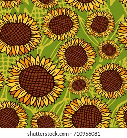 Seamless pattern with sunflower flowers. Autumn design. Warm seeds and yellow petals. Vector illustration