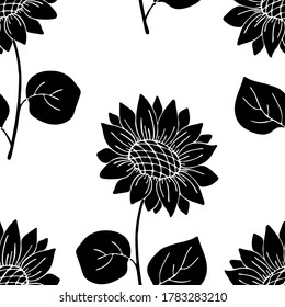 seamless pattern, sunflower flowers in monochrome colors, ornament for wallpaper and fabrics, scrapbooking