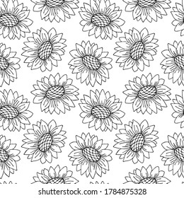 seamless pattern, sunflower flowers in monochrome colors, ornament for wallpaper and fabrics, scrapbooking