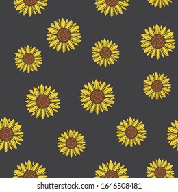 Seamless pattern with sunflower flowers on gray background.