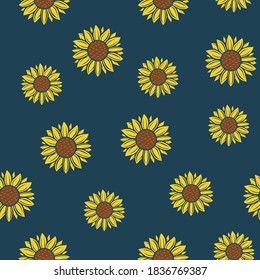 Seamless pattern with sunflower flowers on darck blue background.