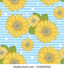 Seamless pattern of sunflower flowers on a striped blue and white background. Summer print. For fabric design, wallpapers, backgrounds, wrapping paper, scrapbooking. Vector