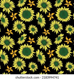 seamless pattern with sunflower flowers and petals on a black background. idea for wallpaper, textile. vector illustration