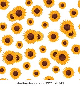 Seamless pattern of sunflower flowers white background. Beautiful summer print for textiles, wallpaper, packaging cartoon style