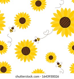 Seamless pattern of sunflower and flying bees cartoon on white background vector illustration.