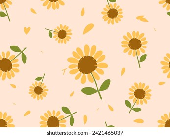 Nahtloses Muster mit Sonnenblumen und fliegenden Blüten auf orangefarbenem Hintergrund, Vektorgrafik.