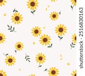 Seamless pattern with sunflower and green leaves on white background vector.