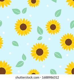 Seamless pattern of sunflower and green leaves on blue background.