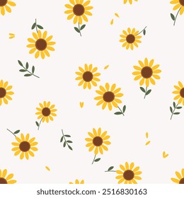 Seamless pattern with sunflower and green leaves on white background vector.