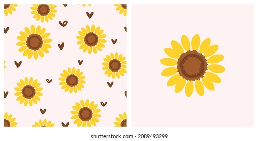 Seamless pattern with sunflower and hand drawn hearts on pink background. Sunflower logo on pink background vector illustration. Valentine's day.