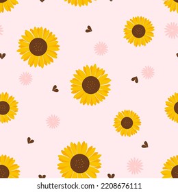 Seamless pattern with sunflower and hand drawn hearts on pink background vector illustration.