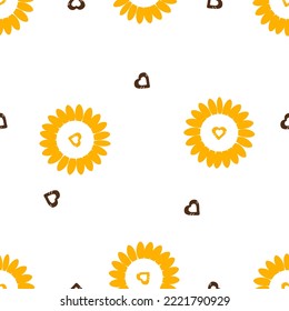 Seamless pattern with sunflower and hand drawn hearts on white background vector illustration.