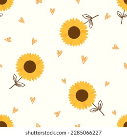 Seamless pattern with sunflower and hand drawn heart on yellow background vector illustration. Cute floral print.
