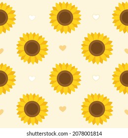 The Seamless pattern of sunflower and heart on yellow background in flat vector. Illustration about sunflower for banner, background and greeting card.