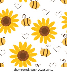 Seamless pattern with sunflower, hearts and be cartoons on white background vector illustration. Cute floral print.