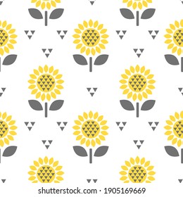 Seamless pattern with sunflower isolated on white background. Vector flat illustration. Design for textile, wrapping, wallpaper, textured backdrop