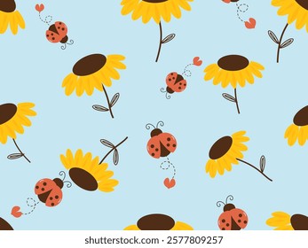 Seamless pattern with sunflower and lady bug on blue background vector.