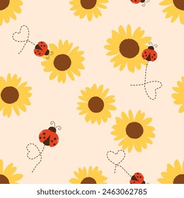 Seamless pattern of sunflower and ladybug with heart dot line on orange background vector. Cute floral print.