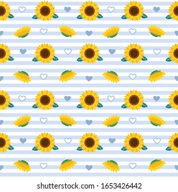 The Seamless pattern of sunflower and leaf on background in flat vector style. Illustration about sunflower for banner, sticker label, greeting card and background.