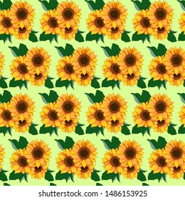 seamless pattern, sunflower and leaves in bright colors, ornament for wallpaper