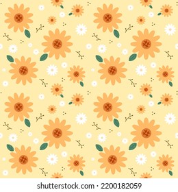 Seamless pattern of sunflower, leaves and daisy on yellow background vector illustration