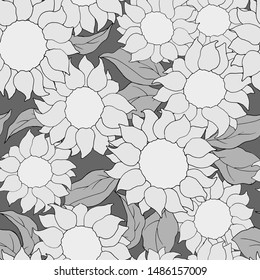 seamless pattern, sunflower and leaves in monochrome colors, ornament for wallpaper

