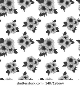 seamless pattern, sunflower and leaves in monochrome colors, ornament for wallpaper