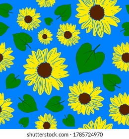 Seamless pattern of a Sunflower and the leaves on blue background.