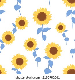 Seamless pattern with sunflower with leaves on white background vector illustration. Cute floral print.