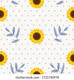 The seamless pattern of sunflower with leaves and polka dot. illustation for background, banner , graphic, etc.