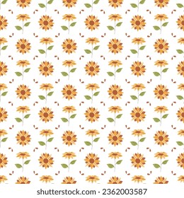 Seamless pattern with sunflower, leaves and seeds. Color flat vector illustration.