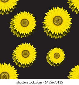 Seamless pattern of sunflower on black. Summer seamless pattern with sunflower. Summer harvest. Design for textile, fabric, packaging, wallpaper. eps10
