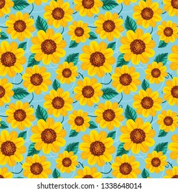 Seamless pattern sunflower on blue background