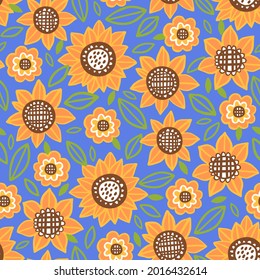 Seamless pattern with sunflower on blue background. Great for fabric, textile, wrapping paper. Vector Illustration