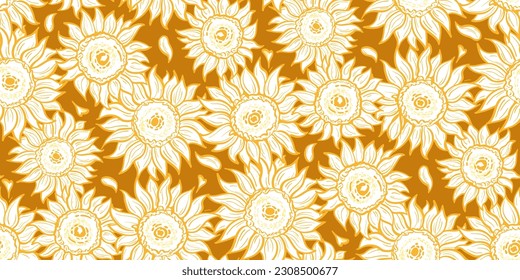 Seamless pattern with sunflower on orange background