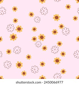 Seamless pattern with sunflower on pink background vector. Cute floral print.