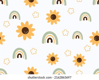 Seamless pattern with sunflower and rainbows on white background vector illustration. Cute nursery art print.